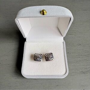 Sterling 925 Floral Flower Ornate Scroll Domed Square Stud Earrings 1/2'' VTG